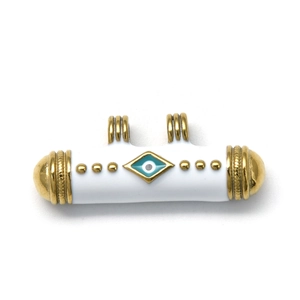 Detail view of a 304 stainless steel evil eye tube bead with enamel and gold finish
