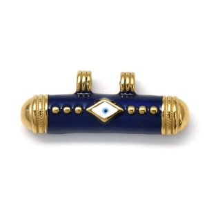 Detail of 304 stainless steel blue evil eye cylindrical charm with double rings