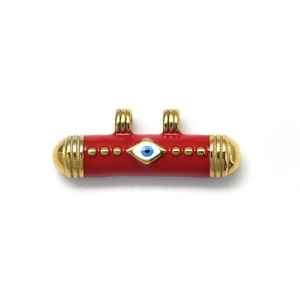 Detail of red enamel cylinder charm with Evil Eye symbol and gold connectors