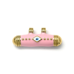 Detailed view of 304 stainless steel pink enamel tube pendant with evil eye motif