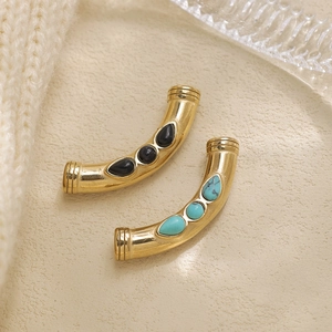 304 stainless steel curved gold tube pendants with inlaid turquoise and black stones