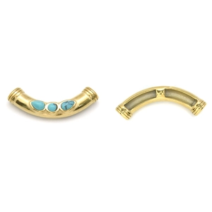 Gold stainless steel curved pendant with turquoise stone inlay and ribbed edge detail