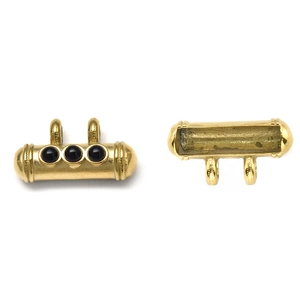 Detailed view of golden 304 stainless steel column beads with black turquoise insets for DIY