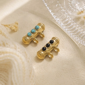 Retro 304 stainless steel column beads with turquoise insets for DIY jewelry making
