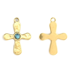 Colgante de cruz de acero inoxidable 304 dorado con textura martillada y piedra turquesa