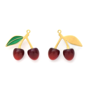 Red cherry pendants in 304 stainless steel with gold leaves for DIY jewelry making