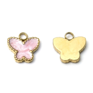 Detailansicht von 304 Edelstahl-Schmetterlingsanhängern mit rosa Emaille und Goldrand