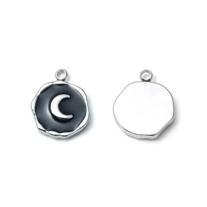 Pendentif rond en acier inoxydable 304 avec lune en émail noir et dos poli miroir