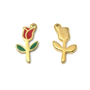Anhänger aus 304 Edelstahl mit Emaille-Rose und Blatt für DIY-Schmuckherstellung