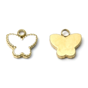 304 Edelstahl Schmetterlingsanhänger mit weißer Emaille und goldenem Perlenrand-Design