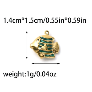 Detail of 304 stainless steel tropical fish pendant with green enamel and gold plating