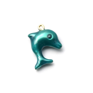 Polished 304 stainless steel dolphin pendant with peacock green enamel and gold loop