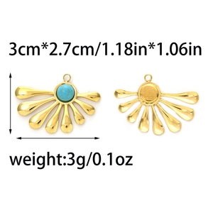 Gold-plated 304 stainless steel fan-shaped pendant with turquoise stone inlay, 3cm x 2.7cm