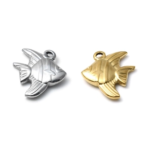 Polished stainless steel tropical angelfish pendants in silver and gold finishes