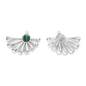 Macro detail of fan-shaped stainless steel pendant with green malachite stone inlay