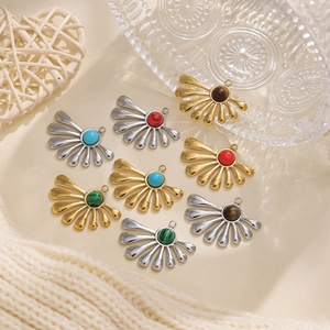 French Vintage 304 Stainless Steel Fan Shaped Pendant Inlaid Artificial Stone Flower Petal Charm For DIY Jewelry Making