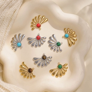 French vintage fan-shaped 304 stainless steel pendants with turquoise and gemstones