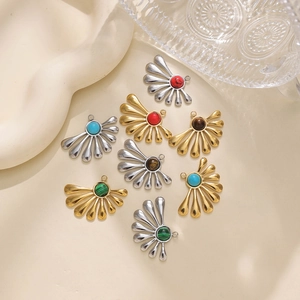 Artistic fan-shaped 304 stainless steel pendants with turquoise and vintage stone inlay