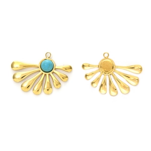 304 stainless steel gold fan-shaped pendant with turquoise stone, front and back view