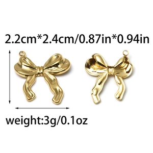Polished gold 304 stainless steel bow pendant set with precise dimension markings