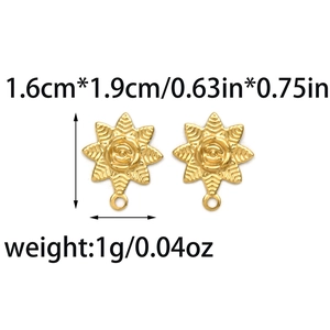 Detailed view of sun-shaped gold earring with rose carving and size parameters