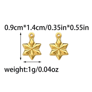 Macro view of gold stainless steel star pendants with dimensions and weight info