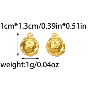 Macro view of 304 stainless steel gold flower earring charm with size and weight specs