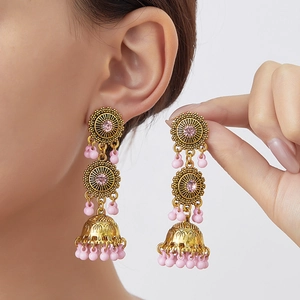 Orecchini a Nappa Indiani Jhumka Bohémien Orecchini a Goccia in Lega Vintage con Strass e Perline Stile Etnico Retrò Donna
