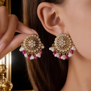 Bohemian Alloy Rhinestone Drop Earrings Ethnic Hollow Out Round Tassel Earrings With Stainless Steel Post Women Retro Jewelry