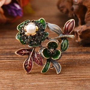 Vintage Peony Flower Brooch Enamel Artificial Pearl Rhinestone Alloy Breastpin National Style Suit Accessories For Women Jewelry Gift
