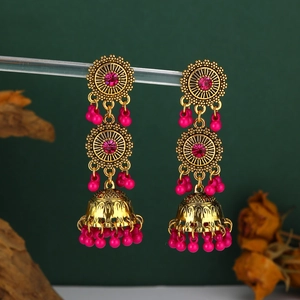Orecchini indiani Jhumka vintage in metallo dorato con perline rosa e stile etnico bohémien