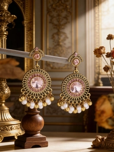 Detailed macro view of vintage gold earrings with pink gemstones and white pearls