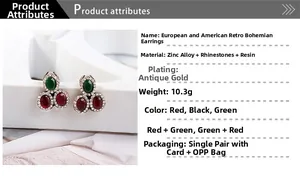 Detailed view of vintage bohemian berry earrings with red resin gems and zinc alloy base