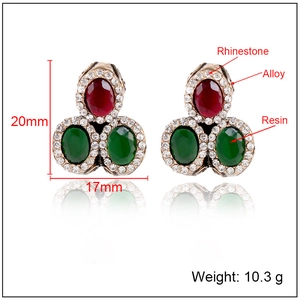 Retro triangle stud earrings with red and green resin gemstones and white rhinestones