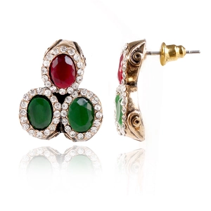 Vintage gold-toned earrings with red and green gems and sparkling rhinestones for women
