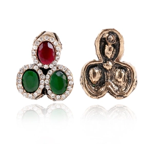 Vintage bronze earrings featuring red and green oval gemstones with sparkling white rhinestones