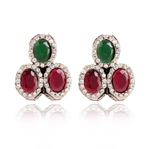 Vintage retro earring studs featuring green and red faceted gemstones with sparkling crystals