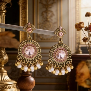 Vintage gold drop earrings with pink crystal and white pearl tassels in Baroque style