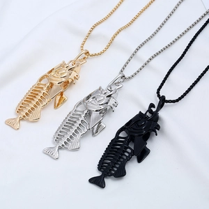 3D fish bone pendant necklaces in gold, silver and black metal for men’s trendy style