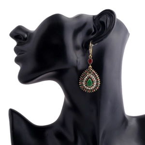 Vintage bohemian waterdrop earrings with green crystal and colorful rhinestones
