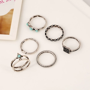 6-teiliges Vintage-Boho-Ring-Set in Silber mit türkisfarbenen Steinen und Relief