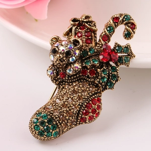 Vintage Christmas Sock Brooch With Bear Candy Cane Rhinestone Alloy Festive Pin Jewelry For Women Christmas Gift