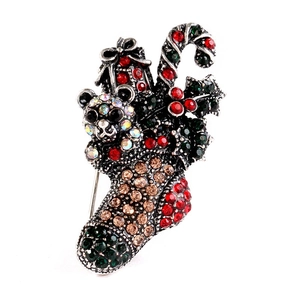Vintage Christmas stocking brooch with crystal bear and candy cane in silver finish