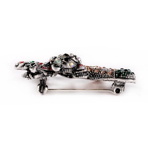 Vintage gothic skeleton brooch with colorful rhinestones and antique silver finish
