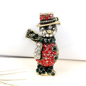 Broche bonhomme de neige dorée vintage avec strass rouges et verts pour Noël festif