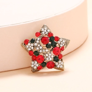 Broche de Noël vintage étoile et lune sertie de strass colorés sur base en alliage doré