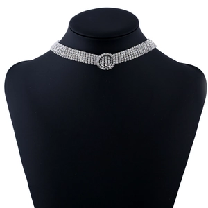 Eleganter Kupfer Mehrreihig Strass Choker Halskette Runder Schnalle Versilbert Luxuriöser Braut Bankett Schmuck
