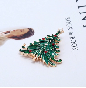 Macro detail of Christmas tree brooch with emerald enamel and sparkling rhinestones