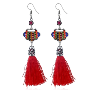 Έθνικ Βίντατζ Σκουλαρίκια από Κράμα με Κλειδαριά Ruyi και Φούντες με Πολύχρωμα Στρας Μποέμ Μακριά Σκουλαρίκια για Γυναίκες