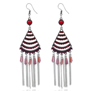 Boho ασημένια σκουλαρίκια με φούντες, κόκκινα στρας και μοβ χάντρες για γυναίκες